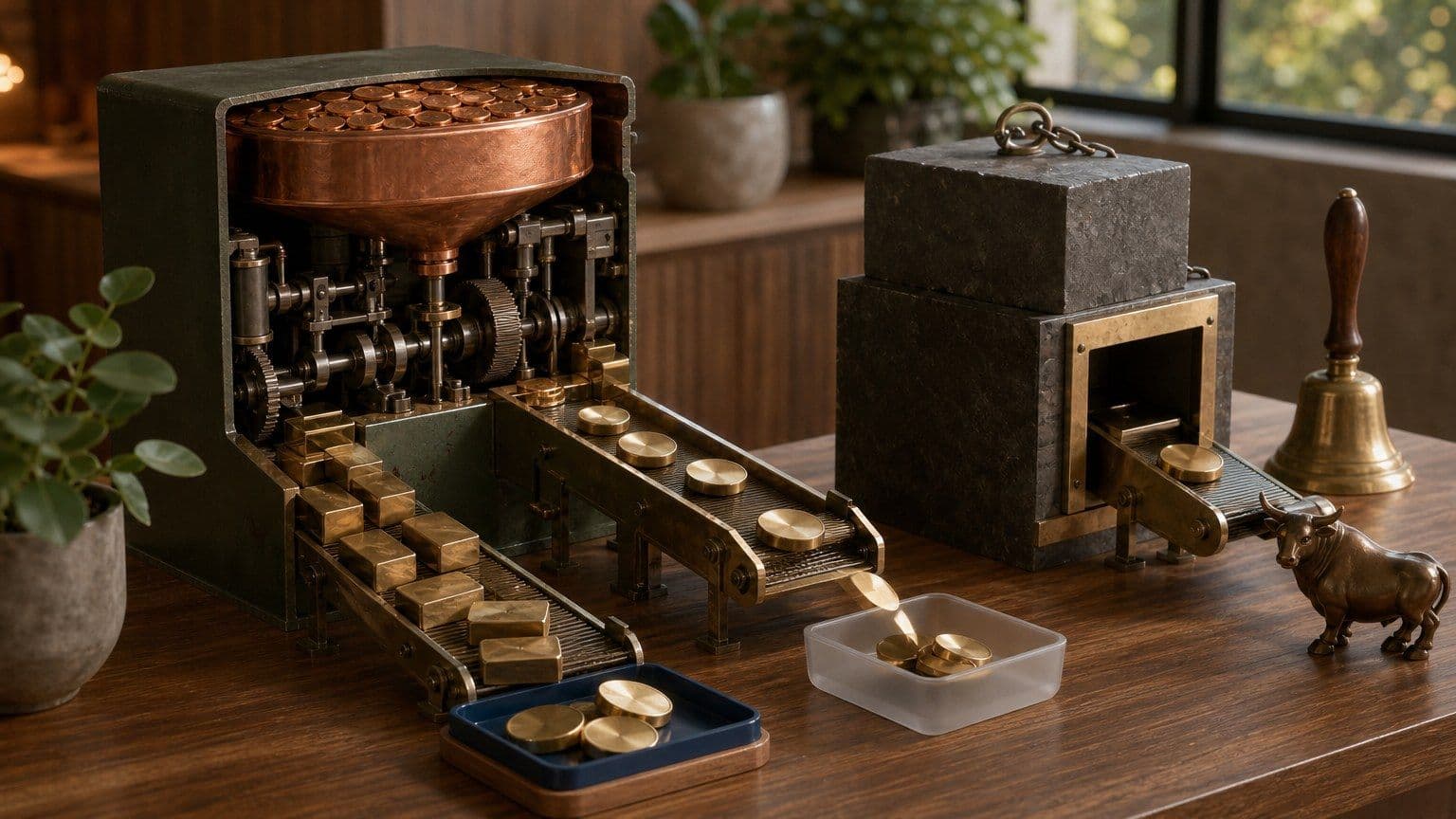 Empresa em miniatura distribui o caixa entre reinvestimento, dividendos e impostos em uma mesa de análise.